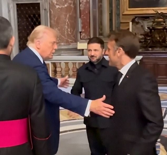 Before Donald Trump's meeting with Zelensky, French President Emmanuel Macron stopped by to say hello to Zelensky, grabbing his hand tightly as they exchanged some words. He did not shake Trump's hand, which many took as a snub