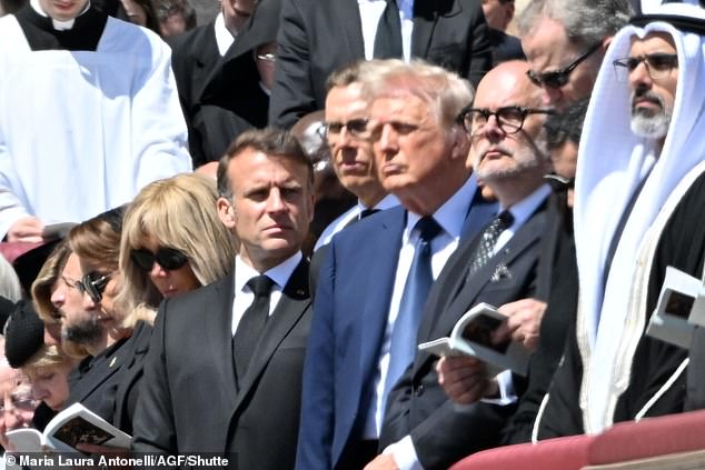 Macron and Trump (pictured at the funeral) had have a contentious relationship as of late due to their differing opinions on how to handle the foreign conflict and how much money the US and Europe have put toward aiding Ukraine