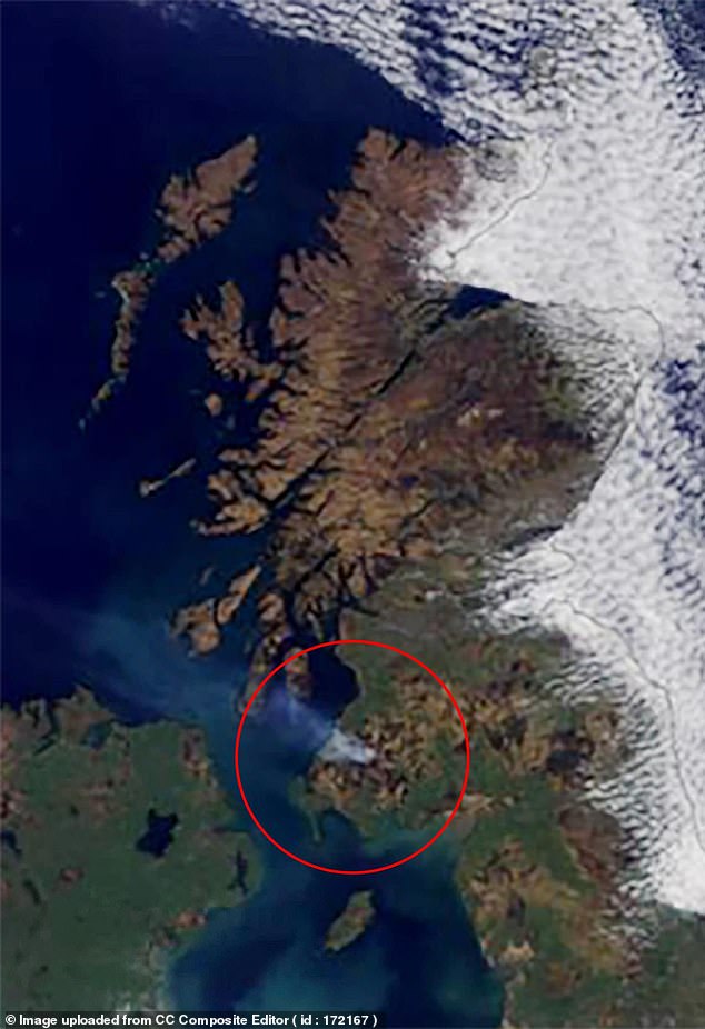 Met Office satellite pictures show the wildfire in the Galloway Forest park, bottom left of picture, April 5, 2025
