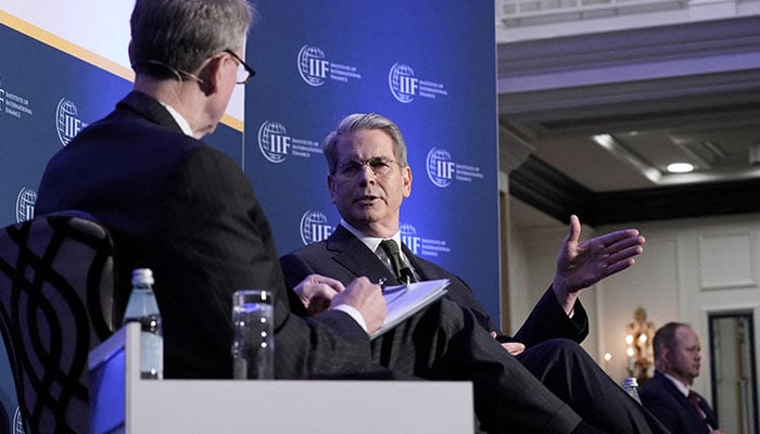 US  Treasury Secretary Scott Bessent speaks with Tim Adams, president and CEO of the Institute of International Finance (IIF) Global Outlook Forum on sidelines of the IMF and World Bank’s 2025 annual Spring Meetings in Washington, DC, US, April 23, 2025. — Reuters