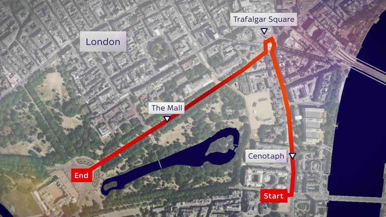 Map showing the route of the VE Day procession in London