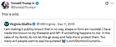 US President Donald Trump's son has shared a previous online post by Virginia Giuffre