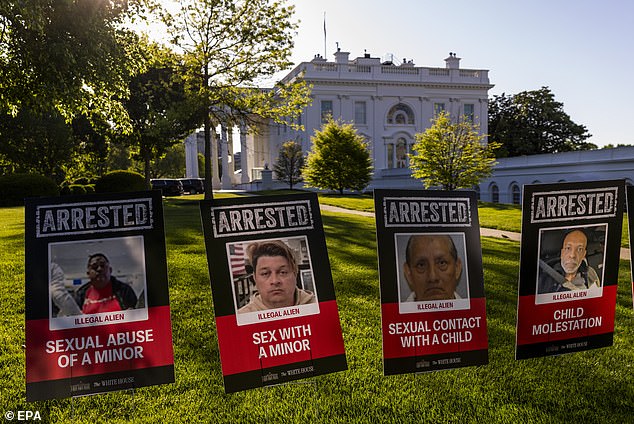 Arrested signs adorn the North Lawn prior to a press briefing