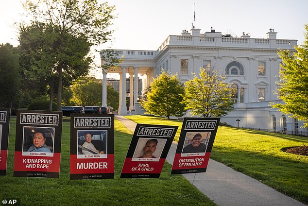 Signs showing photos of what are described as illegal aliens who have been arrested line a driveway at the White House