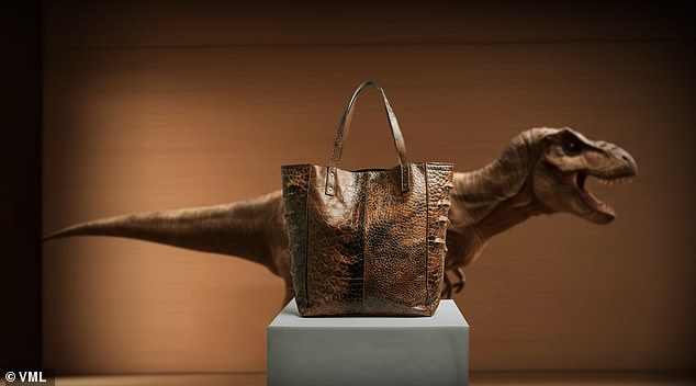 A company has announced plans to create the world’s first T.Rex leather, engineered from the prehistoric beast’s DNA. Pictured: An AI visualisation of what a T.Rex leather bag could look like