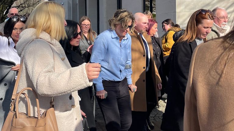 Nerys Lloyd (centre, on crutches) leaving Swansea Crown Court, where she guilty to five charges in connection with the deaths of Morgan Rogers, Nicola Wheatley, Paul O'Dwyer and Andrea Powell.
Pic: PA