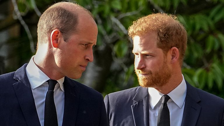 FILE - Britain's Prince William and Britain's Prince Harry walk beside each other after viewing the floral tributes for the late Queen Elizabeth II outside Windsor Castle, in Windsor, England on Sept. 10, 2022. (AP Photo/Martin Meissner, File)