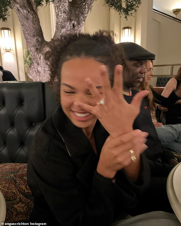 Esegbona shows off her engagement ring as the couple celebrate in Manchester