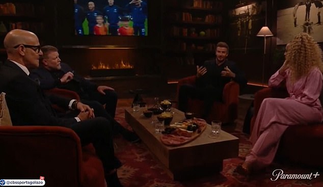 Beckham was joined by Stanley Tucci (front left), Guy Ritchie (back left) and presenter Kate Scott (front right) and they watched the Inter Milan vs Barcelona second leg