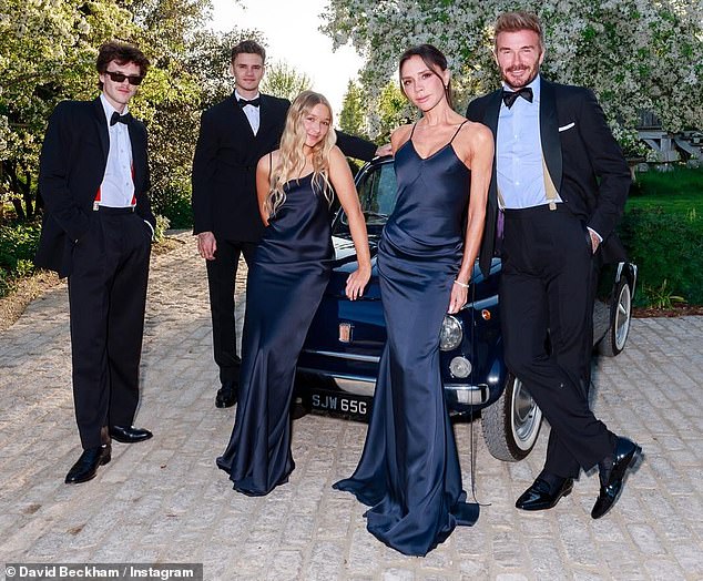 Pictured: Cruz, Romeo, Harper, Victoria and David all at the footballer's 50th birthday bash in the Cotswolds on Wednesday - Brooklyn and wife Nicola Peltz were notable absentees
