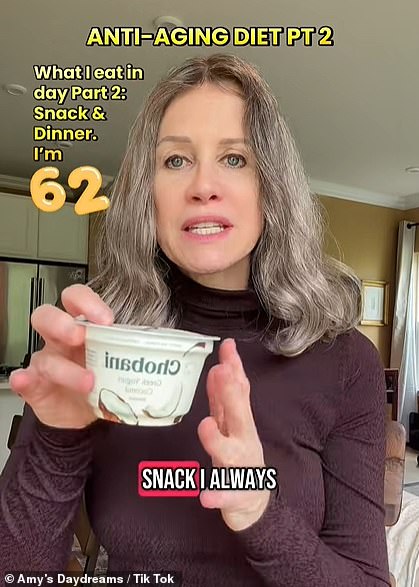 In the second part, Amy explained she always has a Greek yogurt for an afternoon snack because there's 12 grams of protein and it has probiotics