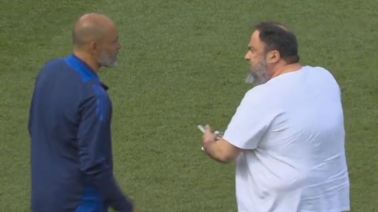 Nottingham Forest's owner Evangelos Marinakis comes onto the pitch to show frustration at draw with Leicester