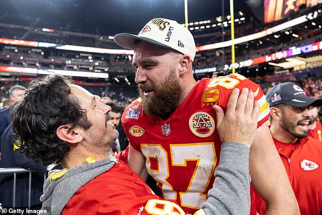 Kelce and Rudd pictured together after the Chiefs won the Super Bowl in 2024 in Las Vegas