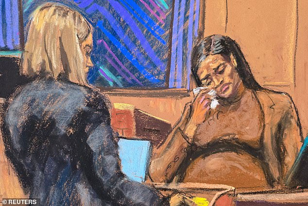 The New York courtroom fell silent as the jury members viewed five still pictures of so-called ¿Freak Offs¿ on their screens, which were blocked from public view (A court image of Cassie Ventura giving testimony on May 13)