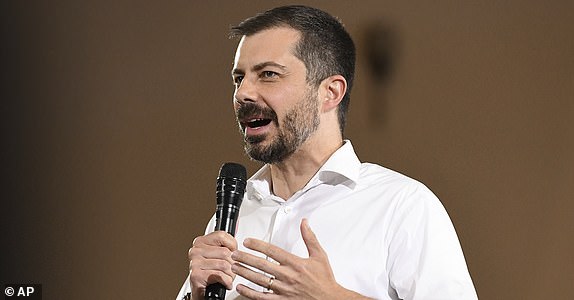Former U.S. Secretary of Transportation Pete Buttigieg speaks during a VoteVets Town Hall, Tuesday, May 13, 2025, in Cedar Rapids, Iowa. (AP Photo/Cliff Jette)