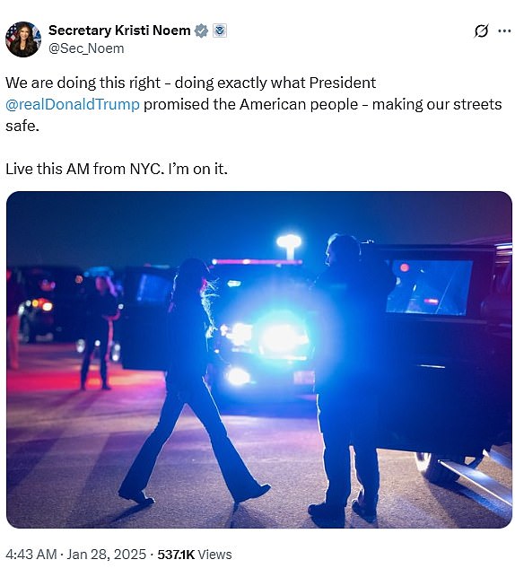 A photo of Noem on a pre-dawn ICE raid in New York City in January came back into the spotlight last week after a report revealed she had posted the image on X before the operation had even concluded