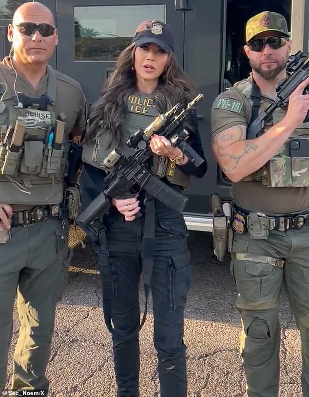 One recent photo-op drew controversy after Noem, flanked by two Customs and Border Patrol agents during an operation in Arizona, was seen pointing the barrel of the weapon towards one the men