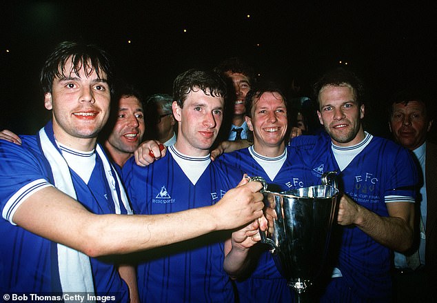 Sharp celebrates with his team-mates after winning the 1985 European Cup Winners Cup final