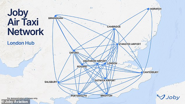Virgin Atlantic has teamed up with Joby Aviation in a partnership that aims to offer 'seamless, zero-emission, short-range journeys across the UK'. Pictured, a southern network
