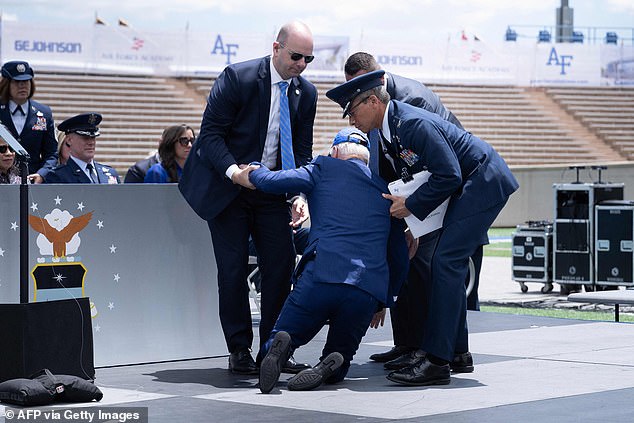'Sleepy' Joe Biden, whose health concerns are the center of a new book, has taken a tumble on multiple occasions, as seen here being helped up from the ground after falling during the graduation ceremony at the US Air Force Academy in Colorado.