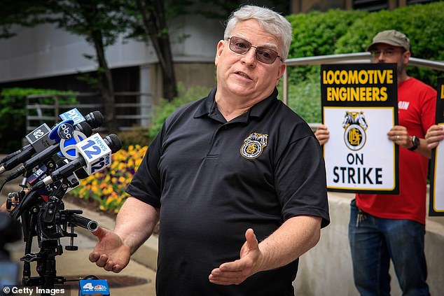 James P. Louis Vice President of the Brotherhood of Locomotive Engineers and Trainmen speaks to members of the media as they take part during a Strike outside NJ Transit's Headquarters on May 16, 2025 in Newark, New Jersey