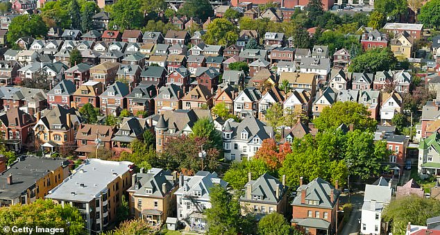 Aerial shot of large Victorian houses in Friendship, a neighborhood in the East End of Pittsburgh