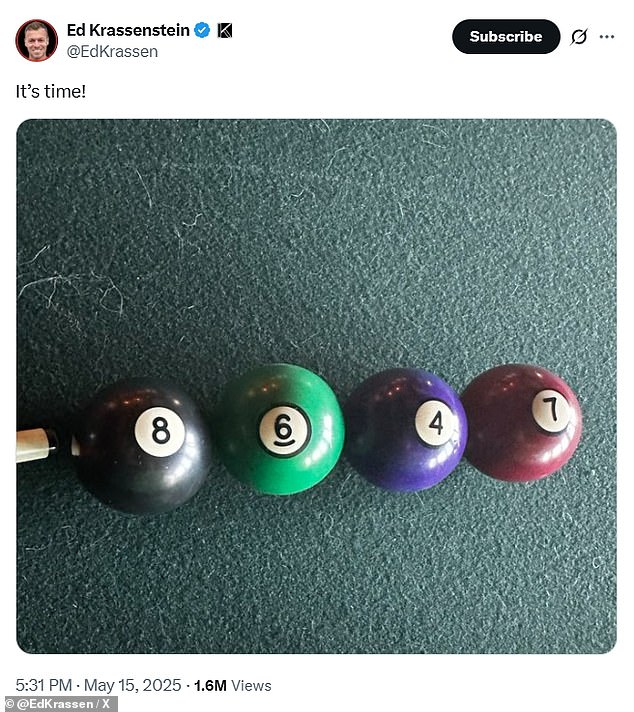 After Comey shared his controversial Instagram post, a number of anti-Trump influencers piled on with their own calls to '86' the president - including social media figure Ed Krassenstein who shared a picture of four billiards balls with the numbers, captioned 'It's Time!'