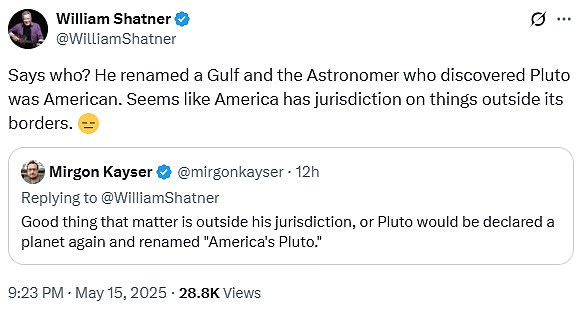 The actor cited Trump's ability to rename the Gulf of Mexico the Gulf of America while making the case for the White House to strip scientists of their naming privileges