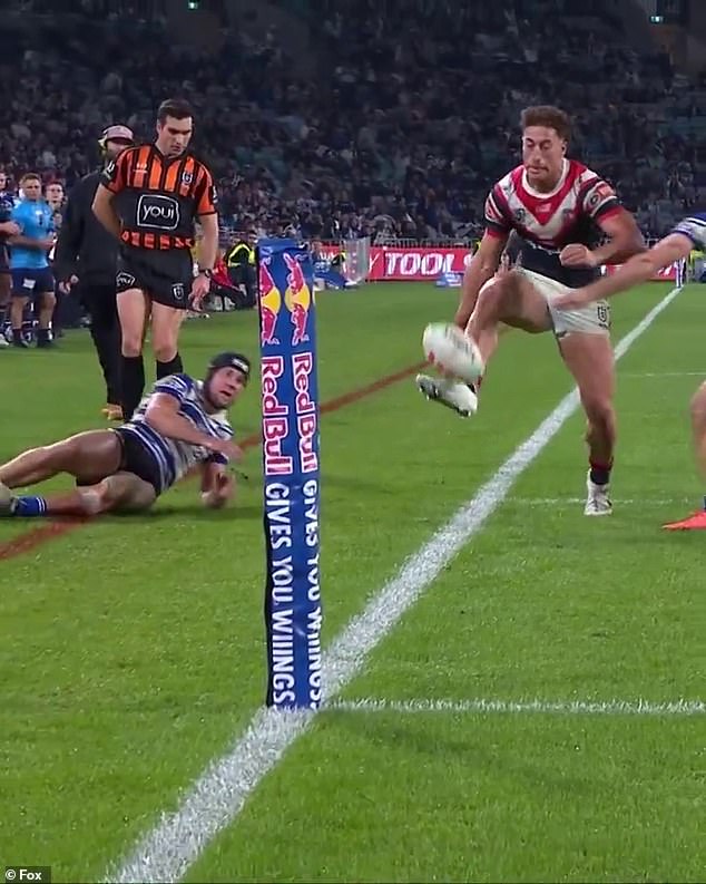 Heading toward the sideline, the former Wallaby put in a deft kick into the in-goa, then ran around the corner post