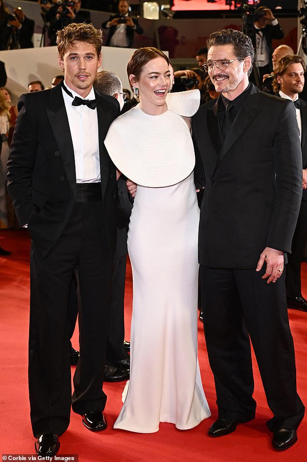 Pedro was in Cannes for the premiere of his latest film Eddington, where he stars alongside Joaquin Phoenix, Emma Stone, and Austin Butler; seen with Emma and Austin at the premiere