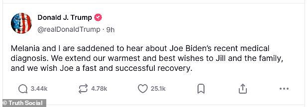 President Trump issued a heartfelt statement from himself and First Lady Melania Trump wishing Biden a 'fast and successful recovery'