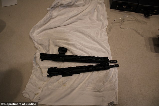 In another dramatic moment, Gannon cut open the top part of a plastic bag containing the top part of one of two AR-15 assault rifles that were found wrapped in a white towel in the closet
