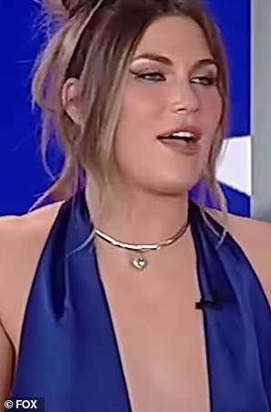 The joke came as Gutfeld asked contestant Allegra (pictured) if her dress was taped together