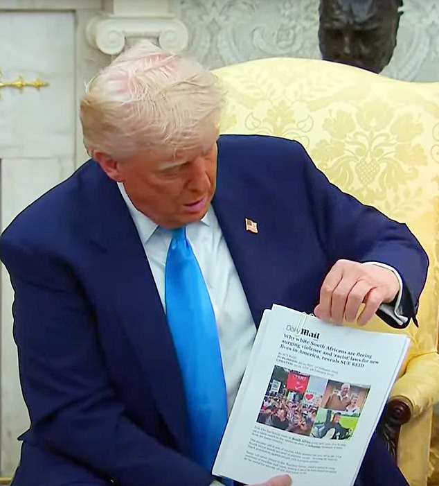 Trump also showcased a series of news clippings including a file from the Daily Mail about the horrific crimes committed against white African farmers