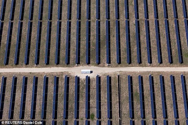 An aerial view shows rows of solar panels at a solar farm in Anson, Texas, U.S., April 23, 2025