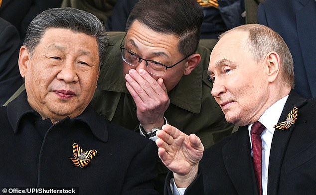 Xi Jinping (left) attends Russia's Victory Day Parade in Moscow with Vladimir Putin (right) on May 9, 2025