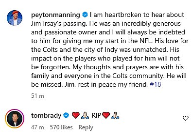 In a devastating Instagram post, Manning said he was 'heartbroken' by the tragic news