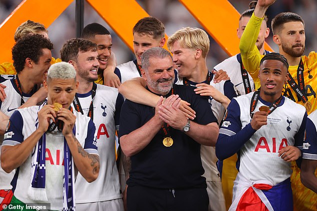 It is widely anticipated Postecoglou (pictured celebrating with his players) will be shown the door at Spurs after a dire season in the Premier League