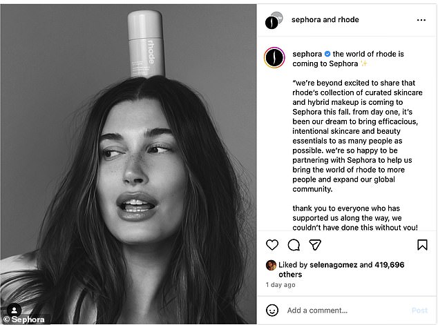 Justin's ex-girlfriend Selena, 32, showed encouragement as she gave Sephora's Instagram post announcing the Rhode collaboration a "like"