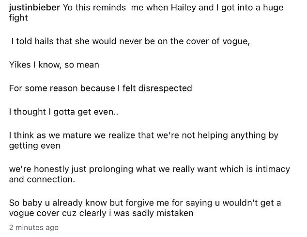 He shockingly confessed, 'I told Hails that she would never be on the cover of Vogue. Yikes. I know, so mean'