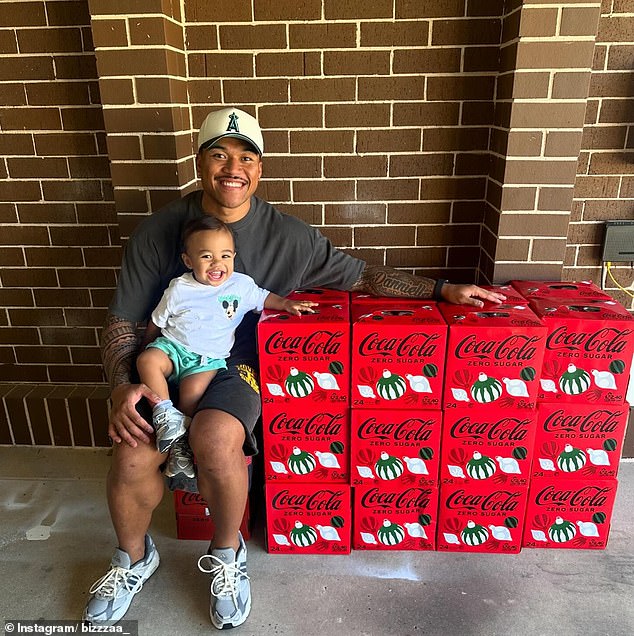 Coca-Cola sent To'o (pictured with son Atreus) a special delivery of his favourite soft drink and he got through the lot in a scary amount of tiime