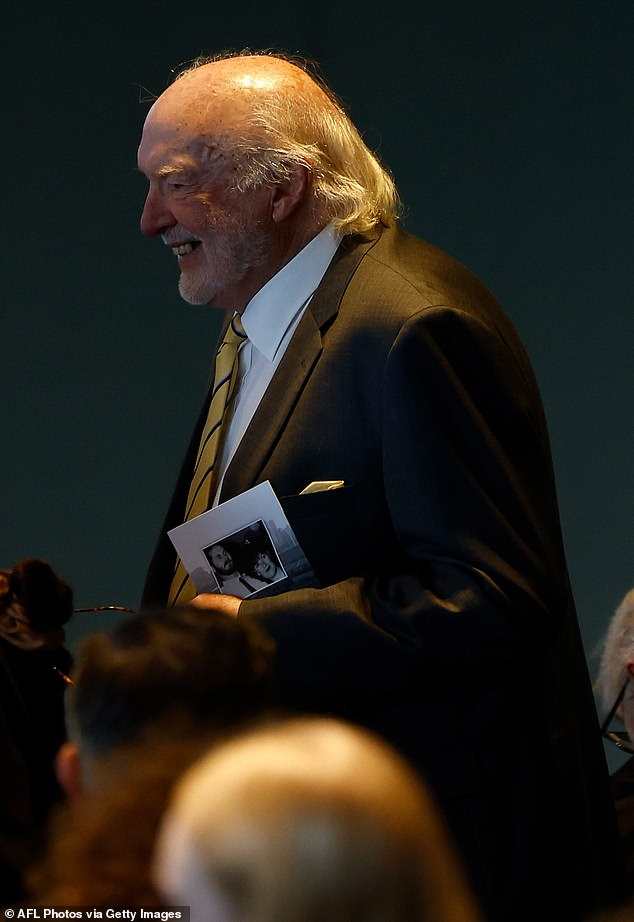 Pictured: Footy great turned TV and radio star Rex Hunt attending the service