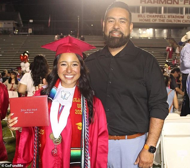 Two weeks before the teen's arrest, her father, Jose Francisco Arias-Tovar, was detained by ICE agents after being stopped by police for speeding and driving without a license. He was released from custody on bond last week (pictured: Arias-Cristobal and her father)