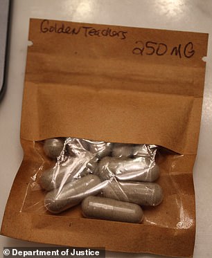 A bag of 'golden teachers' capsules found inside the mansion. The term is often used as slang for magic mushrooms