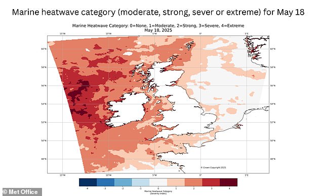 The warmest temperatures have been felt off the west coast of Ireland and isolated patched around Cornwall and Devon