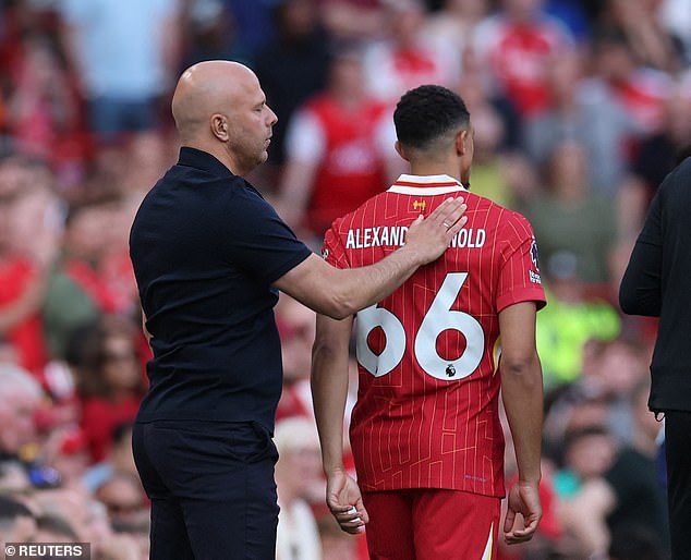 Arne Slot (L) says Liverpool need to draw a line under the Trent Alexander-Arnold (R) chatter