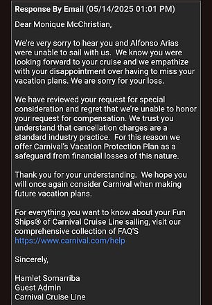 Carnival's response is seen above
