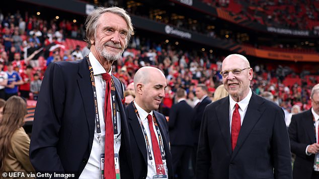 Avram Glazer (right), pictured with fellow Manchester United co-owner Sir Jim Ratcliffe (left) in Bilbao, will watch the Europa League final from the VIP section alongside seven of his relatives