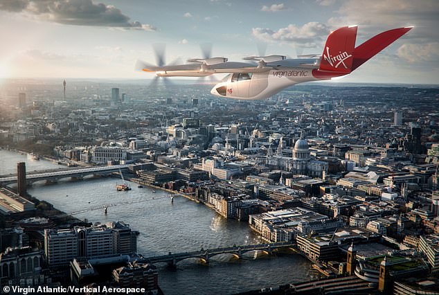 Flying taxis will be whizzing around British skies by 2028, Government claims. The vehicles are expected to make journeys more than three times quicker than by car. This concept image shows a Virgin-branded aircraft, built by Vertical Aerospace, flying over London