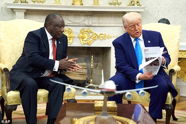 Donald Trump ambushed South Africa’s President Cyril Ramaphosa with a lecture on the ‘genocide’ of white farmers in his country - and waved Sue Reid’s Mail article under his nose as evidence